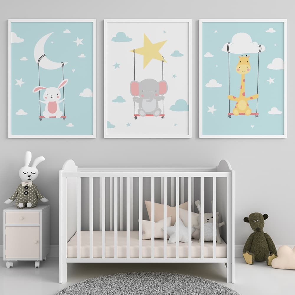 Kit Quadros Decorativos Infantil Coelho, Elefante e Girafa