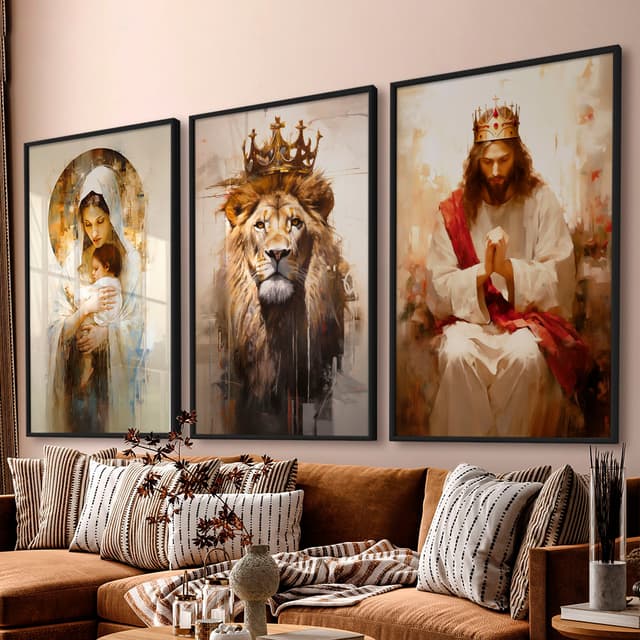 Kit Quadros Decorativos Maria, Jesus e o Leão de Judá